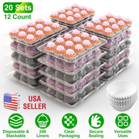 20 Sets of 12 Count Disposable Clear Stackable Cupcake Containers with 240 Liners High Dome Lid