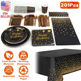201 PCS Black Gold Disposable Birthday Party Set, Serves 25 Guests
