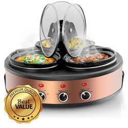 MegaChef 1.5 Quart Round Triple Slow Cooker and Buffet Server in Brushed Copper & Black Finish
