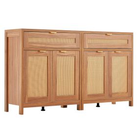 4 Door Rattan Cabinet with 2 Drawers & Adjustable Shelves Set of 2, Natural