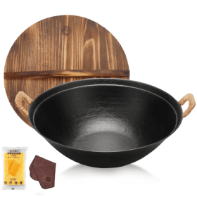 WANGYUANJI Chinese Traditional Cast Iron Wok with Double Handle & Wooden Lid, Suitable For All Cooktops