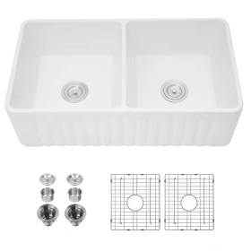 Kitchen Rectangular Double Basin Farmhouse Sink, Ceramic White
