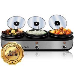 MegaChef Triple 2.5 Quart Ceramic Slow Cooker and Buffet Server in Brushed Silver and Black Finish with Lids