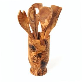 6 Pcs Olive Wood Kitchen Servers Set w/Holder