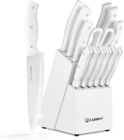 15-Piece Stainless Steel Knife Set with Wooden Stand, White