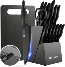 16 Pieces Stainless Steel German Knife Block Set with Cutting Board & Built-in sharpener