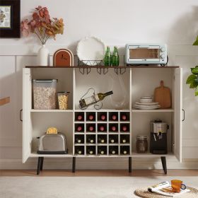 Faux Rattan Double Barn Door Wine & Storage Cabinet with Glass Rack and Removable Shelves, White
