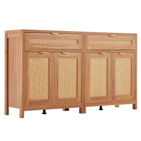 4 Door Rattan Cabinet with 2 Drawers & Adjustable Shelves Set of 2, Natural