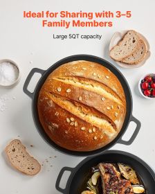 2-in-1 Pre-Seasoned Cast Iron Dutch Oven 5QT Pot with Skillet Lid