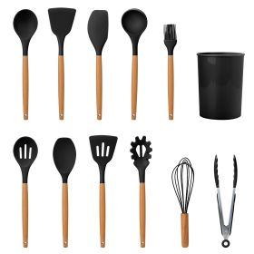 11 Pcs Silicone Cooking Utensil Set with Wooden Handles (Option: Black)