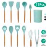11 Pcs Silicone Cooking Utensil Set with Wooden Handles