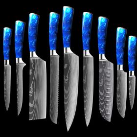 Stainless Steel Chef Knife with Resin Handle Sets (Option: Blue 9piece set)