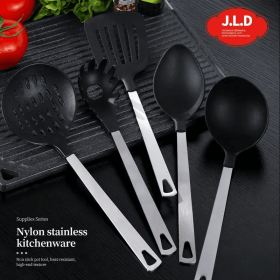 5 Piece Stainless Steel Handle and Nylon Faucet Kitchen Utensil Set - Non-Stick, Premium Heat Resistant (Color: Black)