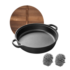 WANGYUANJI 11Cast Iron Wok With Dual Handles And Wooden Lid, Uncoated Frying Pan For Gas And IH, Chinese Thickened Pancake Pan, Stir-frying And IH Uni (Color: Black)