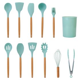 11 Pcs Silicone Cooking Utensil Set with Wooden Handles (Option: LightGreen)