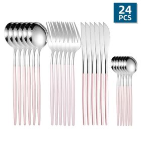 24pcs Stainless Steel Cutlery Set (Color: Silver + Powder)