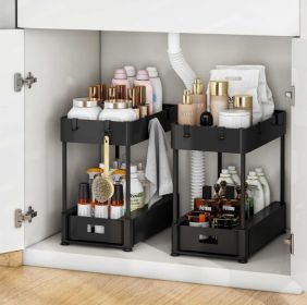 2PC Under Sink Organizer Rack 2 Tier Under Sliding Cabinet Basket Organizer Drawer With 4 Hooks, Multi-purpose Under Sink Storage For Bathroom Kitchen (Option: JXC048)