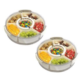 2 Pcs Portable Serving Tray with Lid and Handle - 360° Rotatable with 6 Dividers, Clear (Option: S)