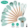 11 Pcs Silicone Cooking Utensil Set with Wooden Handles