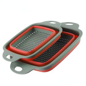 Set Of 2 Collapsible Silicone Square Colander With Handle (Color: Red Set (1 Large + 1 Small))