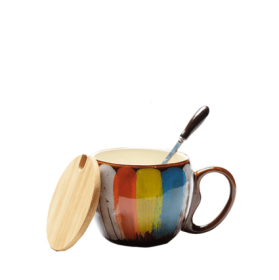Ceramic cup with lid spoon (Color: Yellow)