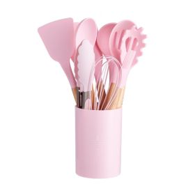 11pcs Wooden Handle Silicone Utensil Set (Color: Pink)