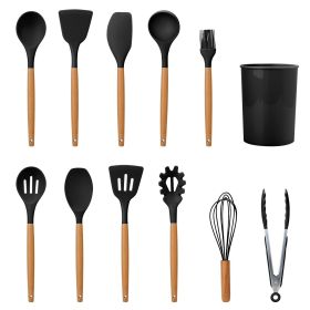 11Pcs Silicone Cooking Utensil Set With Wooden Handles (Color: Black)